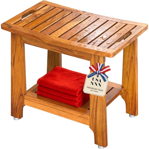 NNN 21" Standard Teak Shower Bench with Japan-Made Non-Slip Leveling Feet | US Patented Design, Marine-Grade Hardware, Pre-Oiled European Teak Oil, Ready, 300lb, for Showers Spa Sauna & Outdoor Pools - size: 21"W x 13" Dx 18"H