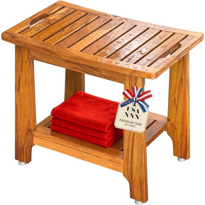 NNN 21" Standard Teak Shower Bench with Japan-Made Non-Slip Leveling Feet | US Patented Design, Marine-Grade Hardware, Pre-Oiled European Teak Oil, Ready, 300lb, for Showers Spa Sauna & Outdoor Pools - size: 21"W x 13" Dx 18"H