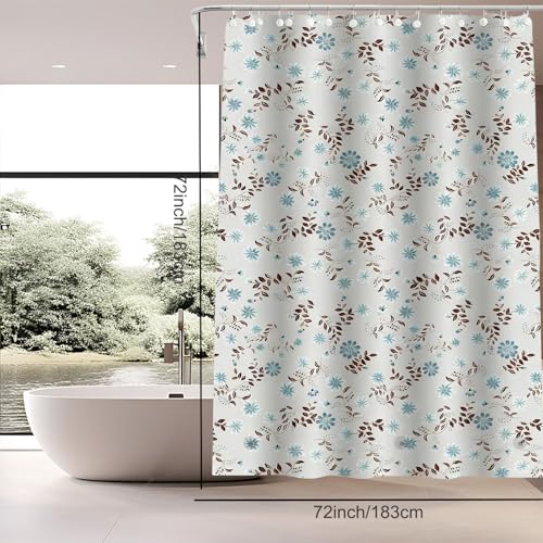 TIKABC Shower Curtain Liner, White Flower 4G PEVA Shower Liner, Plastic Waterproof Shower Curtains, 72x72 inch with Grommet Holes 3 Magnetic Weights - color: Black Leaf Blue Flower