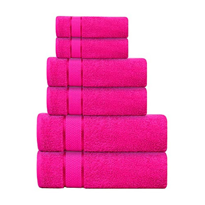 6 Piece Cotton Bath Towel Set -2 Bath 2 Hand 2 Face, Hot Pink | 100% Cotton • Thick & Plush • Hotel Quality • Ultra Soft • Highly Absorbent • Quick Dry • Low Lint • Machine Washable - color: Hot Pink