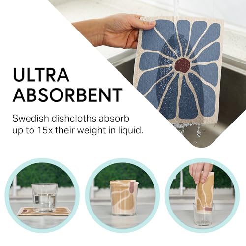 Swedish Wholesale Dishcloths Reusable 8" x 7" Sponge Cloths, Bulk 10 Pack of High Absorbent Cellulose Dish & Kitchen Cleaning Hand Towels, Wring to Dry & Machine Wash, Odor Resistant, Retro Flower - color: Retro Flower