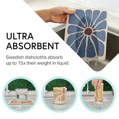 Swedish Wholesale Dishcloths Reusable 8" x 7" Sponge Cloths, Bulk 10 Pack of High Absorbent Cellulose Dish & Kitchen Cleaning Hand Towels, Wring to Dry & Machine Wash, Odor Resistant, Retro Flower - color: Retro Flower