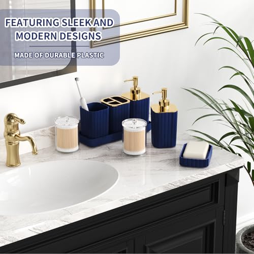 XLHOMO Bathroom Set - 26PC Bathroom Set with Shower Curtain and Rugs, Bathroom Accessory Set, Navy Blue Bathroom Sets, Trash Can & Soap Dispenser - style: Navy Blue&Gold