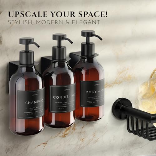 Shower Shampoo Dispenser Wall Mounted – 3 Refillable 16.9 oz Amber Bottles with Stainless Steel Pumps & No-Drill Adhesive Holders – Soap Dispenser Set for Bathroom (3 X Amber/Black) - color: 3 X Amber/Black