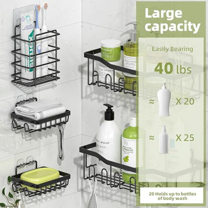 Simple Trending Shower Caddy, 5 Pack Rustproof Stainless Steel Shower Shelves, No Drilling Bathroom Organizer Adhesive with Large Capacity, Black Metal Storage Basket