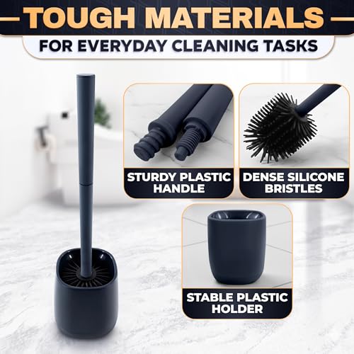 Toilet Bowl Brush and Holder, Silicone and Plastic (Black) | Compact Toilet Brush, Easy to Place and Simple to Store After Use, Strong Rubber Plunger & Stiff Bristle Brush - color: Black