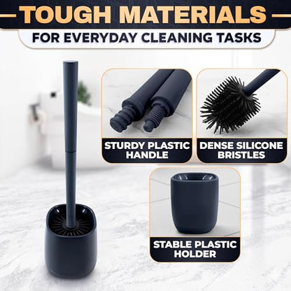 Toilet Bowl Brush and Holder, Silicone and Plastic (Black) | Compact Toilet Brush, Easy to Place and Simple to Store After Use, Strong Rubber Plunger & Stiff Bristle Brush - color: Black