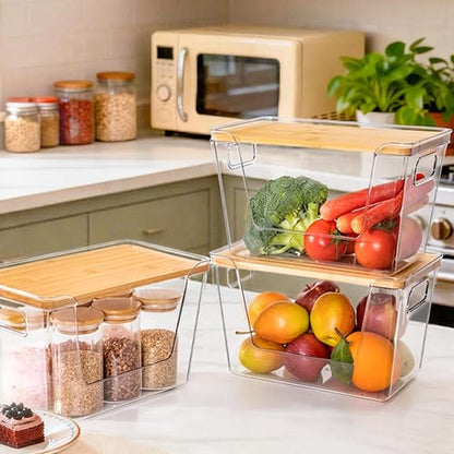 3 Set Pantry Organizers and Storage with Bamboo Lids, Stackable Clear Bins for Onion, Potato, Fruit, Vegetables, Trash Bag Dispenser, Kitchen and Under Sink Organizer - size: 3 Pack Large