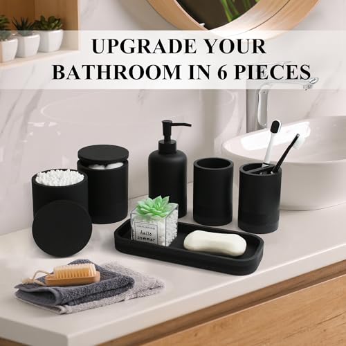 LIN CHUAN 6-Piece Bathroom Accessories Set, Modern Bathroom, Black | Includes soap dispenser, toothbrush holder, vanity tray, tumbler, and 2 cotton swab jars for bathroom organization set. - color: Black
