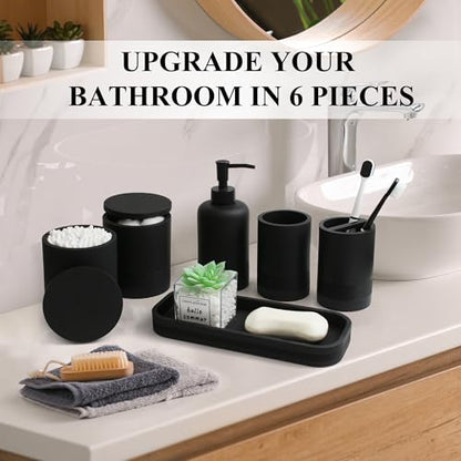 LIN CHUAN 6-Piece Bathroom Accessories Set, Modern Bathroom, Black | Includes soap dispenser, toothbrush holder, vanity tray, tumbler, and 2 cotton swab jars for bathroom organization set. - color: Black
