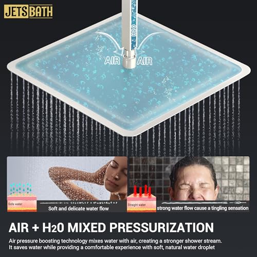 16" Thermostatic Dual Rainfall Head Shower System with Handheld & Valve, 16” Ceiling Shower Faucet Set with 6-Inch Shower Head, JetsBath Brushed Nickel Full Body Shower System for Couples/ 2-Person - color: Brushed Nickel