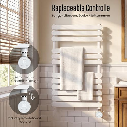 MG01 Towel Warmer for Bathroom, Large, White | Heated Towel Rack, Built-in Timer and Thermo Control, Detachable Controller, Memory Function, Hardwired/Plug-in