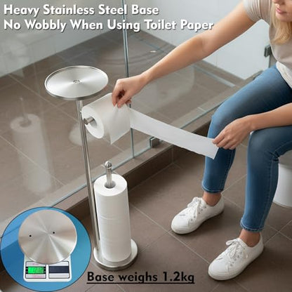 Toilet Paper Holder with Shelf, Tissue Roll Holder Stand with Storage Space for Holding Extra 4 Toilet Paper Rolls, Stainless Steel Rustproof Freestanding (Brushed Nickel) - color: Brushed Nickel
