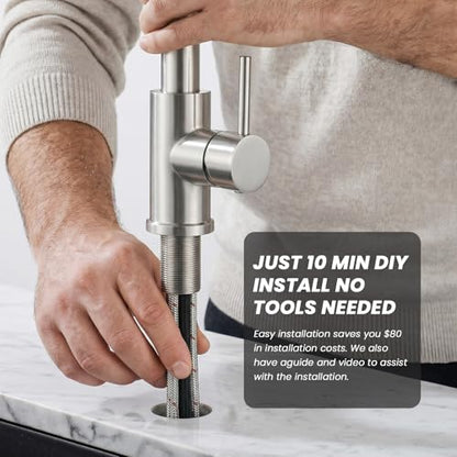 Pull-Down Kitchen Faucet, Brushed Nickel | 304 Stainless Steel,10-Min DIY Install,23-Inch Pull-Down Hose,2-Function Spray,360° Swivel Spout - color: Brushed Nickel, size: 15.2 Inches