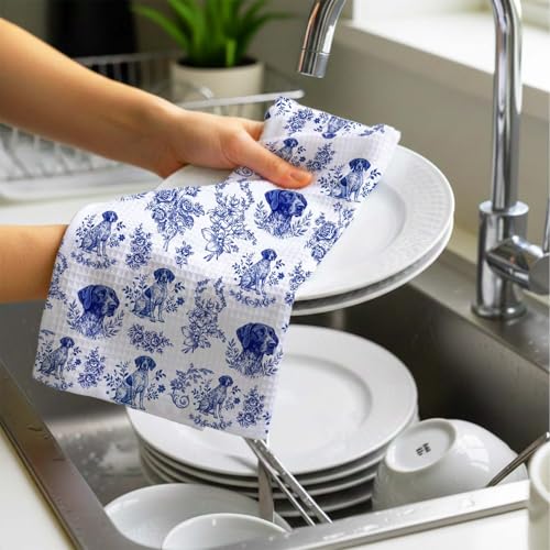 German Shorthaired Pointer Kitchen Towel Set of 2, Blue and White Chinoiserie Dog Floral, Dish & Hand Towels for Dog Lovers, Unique Hunting Dog Gift, 16x24 Inches - color: Pointer