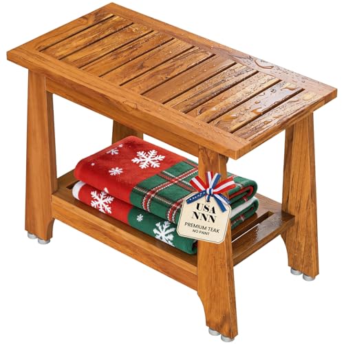 NNN 24" Commercial Heavy Duty Teak Shower Bench, Patented, Non-Slip Stable | with 8 Japan-Made Non-Slip Leveling Feet, Mortise-Tenon Legs 350lb, Pre-Oiled European Teak Oil, Marine-Grade Hardware - size: 24"W x 12.6" Dx 18"H