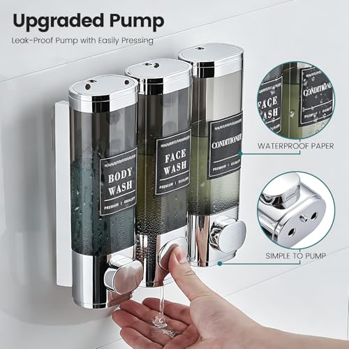 Shampoo and Conditioner Dispenser,Shower Soap Dispenser 3 Chamber No Drill | Wall-Mounted Shampoo Dispenser for Shower Wall Mounted Shower Dispenser for Bathroom Hotel Large Capacity, Chrome - color: 3chrome