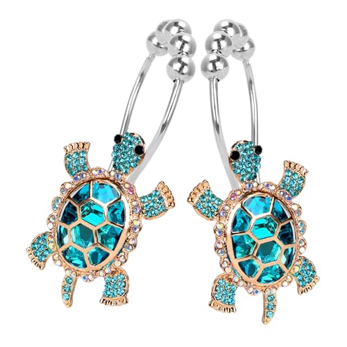Sapphire Sea Turtle Decorative Shower Curtain Hooks Set,12 PCS,Roller Ball, Stainless Steel,Cute Ocean Animal Decor, Beach Shower Rings,Rustproof,Bathroom, Blue & Golden & Rhinestone