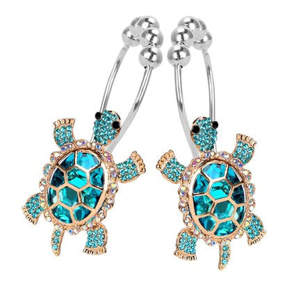Sapphire Sea Turtle Decorative Shower Curtain Hooks Set,12 PCS,Roller Ball, Stainless Steel,Cute Ocean Animal Decor, Beach Shower Rings,Rustproof,Bathroom, Blue & Golden & Rhinestone