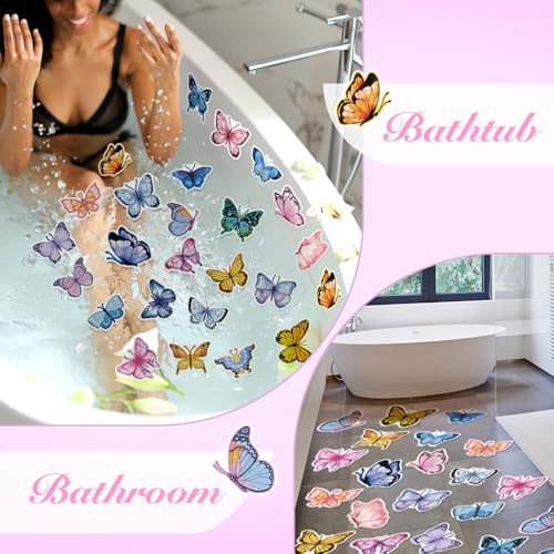 Yaomiao 24 Pcs Butterfly Non Slip Bathtub Stickers with Scraper | Shiny, Sparkle, Glitter, Peva, 4.53inch, Easy Apply, No Residue, for Bathroom, Shower Stairs Floor, Safety, Cute, Grip - style: Butterfly