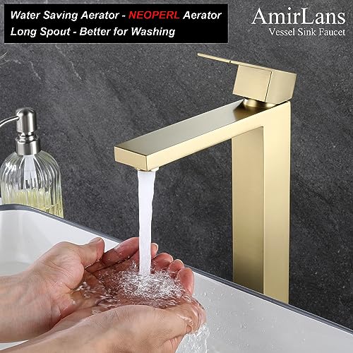 Brushed Gold Vessel Sink Faucet, Tall Bathroom Sink Faucet | Stainless Steel Single Hole Gold Bathroom Faucet, Single Handle Tall Vanity Faucet with Pop Up Drain - color: Brushed Gold, size: Tall