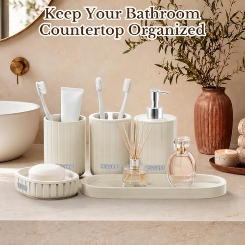 Bathroom Accessories Set 5 Piece, Cream Bathroom Set with Soap Dispenser, Soap Dish, Bathroom Vanity Tray, Toothbrush Holder and Toothbrush Cup, Modern Bathroom Accessory Set for Countertop