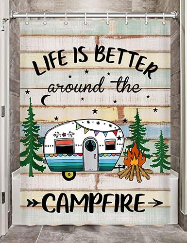 JAWO Camper RV Shower Curtain, Vintage Wooden Plank Camping Trailer Forest Tree Bath Curtain, Farmhouse Rustic Camping Outdoor Travel RV Bathroom Accessories with Hooks, 47X64inch - color: Multi Color, size: 47"W x 64"L (Pack of 1)