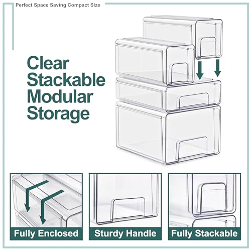 Sorbus Clear Stackable Storage Drawers, 4-Piece Set 1 Large, 1 Medium & 2 Small Pull-Out Plastic Organizer Bins with Handles for Bathroom, Closet, Pantry, Cabinet & Medicine Storage - size: Complete Set