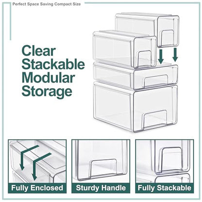 Sorbus Clear Stackable Storage Drawers, 4-Piece Set 1 Large, 1 Medium & 2 Small Pull-Out Plastic Organizer Bins with Handles for Bathroom, Closet, Pantry, Cabinet & Medicine Storage - size: Complete Set