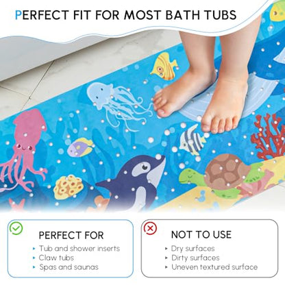 Baby Bath Mat Non Slip, Cartoon Kids Bath Mat for Tub 40 x 16 Inches, Non Slip Bathtub Mat with Suction Cups and Drain Holes Shower Stall Mats, Machine Washable, Dolphin - color: Whale - Dolphin, size: 40" x 16" (Rectangular)