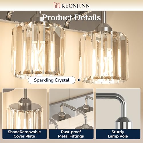 Keonjinn 6-Light Bathroom Light Fixtures, Crystal Chrome Bathroom Vanity Lights Over Mirror, Vanity Lighting Fixtures with Crystal Square Shades (E26 Socket, Exclude Bulb) - color: Chrome, size: 6-Light