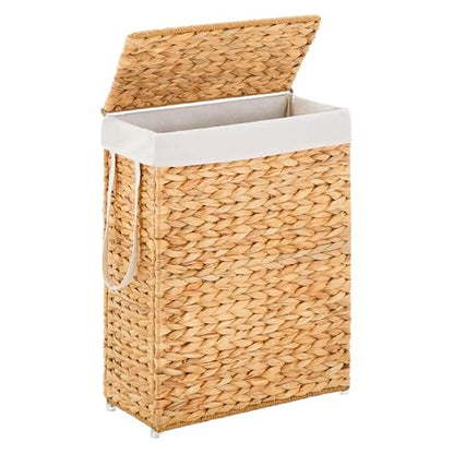 Handwoven Slim Laundry Hamper with Lid, Narrow Wicker Laundry Basket, Natural Water Hyacinth Basket and Handleswith Removable Liner Bag & 2 Mesh Bags (Natural with Lid, 55L) - color: Hyacinth with Lid, size: 55L
