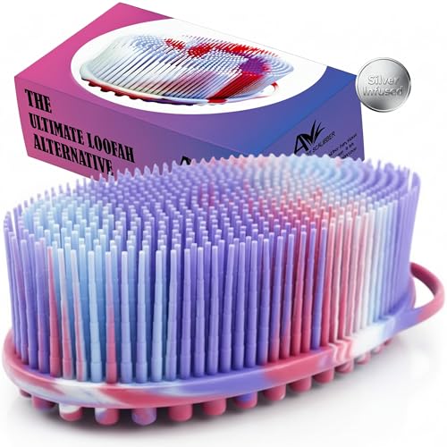 Avilana Silver Edition Body Scrubber - Silver-Ion Infused Silicone Shower Brush, ISO Tested Dual Sided, Stays Fresher Longer, SGS Certified Gentle Exfoliating Loofah Alternative Sensitive Skin Women - color: Marbled-silver, size: Massage