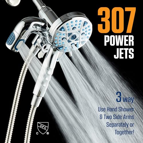 AquaCare Polaris 208-mode High Pressure Shower Head Combo with Hydro Arms | Luxury 3-way 14-zone System with 370 Stay-clean Power Jets, Handheld Magnetic Docking & 6 ft. Stainless Steel Hose / Chrome - color: Chrome