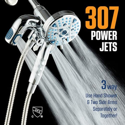 AquaCare Polaris 208-mode High Pressure Shower Head Combo with Hydro Arms | Luxury 3-way 14-zone System with 370 Stay-clean Power Jets, Handheld Magnetic Docking & 6 ft. Stainless Steel Hose / Chrome - color: Chrome