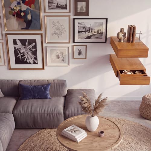 Pinkunn 2 Pack Floating Shelves with Drawers Natural Solid Wood 15.7x9.8 in | Wall Mounted Storage Shelf Hanging Rustic Plants Books Shelves for Living Room Entryway Hall Bedroom Bathroom
