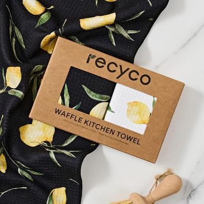 RECYCO Waffle Kitchen Towel Set of 2 - Quick Dry Microfiber Sustainable Dish Towels - Ultra Absorbent Reusable Cleaning Tea Towels - Lightweight Hand Towels,16”x 28”, Lemon Grove - color: Lemon Grove