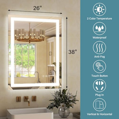GLSLAND LED Bathroom Mirror - 26"x40" Anti-Fog Lighted Wall Mirrors with Memory Function, Dimmable, Frontlit & Backlit, Horizontally/Vertically, Tempered Glass - size: 40"L x 26"W