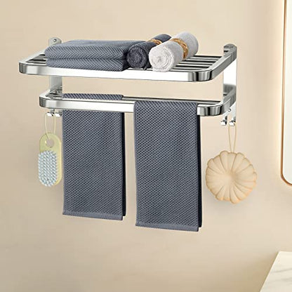 15 Inch Bathroom Towel Rack Towel Shelf with Double Towel Bars Lavatory Wall Mount Holder with Hooks Stainless Steel Hotel Bath Rack - color: Silver 1