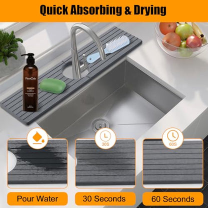 2 Pack Stone Faucet Mat for Kitchen Faucet Sink, 23.6x4 Inches, Dark Grey | Olldag Quick Drying Splash Guard Water Protector & Drip Catcher for Bathroom Counter - size: 23.6x4 Inch