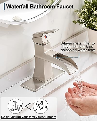 Waterfall Bathroom Sink Faucet, Brass Brushed Nickel Bathroom Faucet One Handle, 4 Inch Single Hole or 3 Holes with Pop-Up Drain, Supply Hoses & Deck Plate for Vanity Lavatory RV, 5 Mins Install - color: Brushed Nickel
