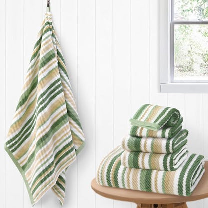 VOOVA & MOVAS Striped Towels 6 Pack, 100% Cotton, Sage Green | Daily Bathroom Use, Available in 13x13, 16x27, 28x52 In, Quick Dry, Soft, Absorbent, Bath Towels with Hanging Loops - color: Sage + Green + Beige Striped, size: 6 PCS Bathroom Towels