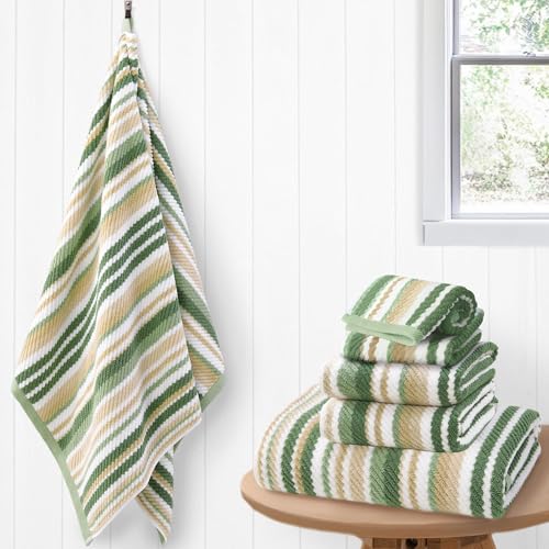 VOOVA & MOVAS Striped Towels 6 Pack, 100% Cotton, Sage Green | Daily Bathroom Use, Available in 13x13, 16x27, 28x52 In, Quick Dry, Soft, Absorbent, Bath Towels with Hanging Loops - color: Sage + Green + Beige Striped, size: 6 PCS Bathroom Towels