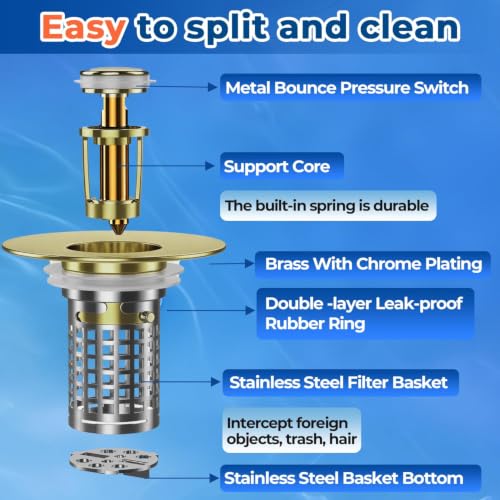 Bathroom Sink Drain Strainer(2PCS), Stainless Steel Pop-up Strainer Basket Hair Catcher with Removable Basket, Brass Bullet Core, Universal Fit 1.1-2.36 Inch Brushed Gold