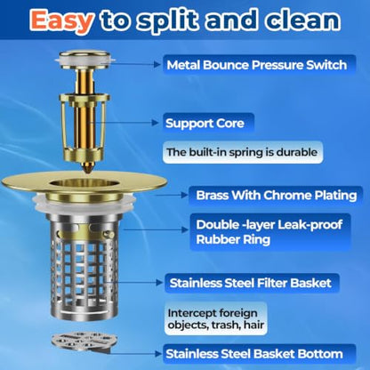 Bathroom Sink Drain Strainer(2PCS), Stainless Steel Pop-up Strainer Basket Hair Catcher with Removable Basket, Brass Bullet Core, Universal Fit 1.1-2.36 Inch Brushed Gold