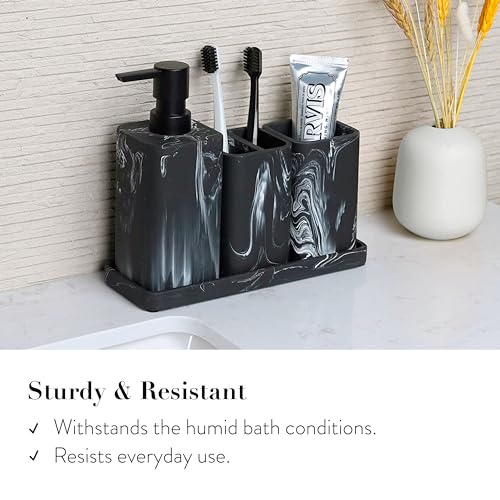 Bathroom Accessory Sets, 4 Pieces Bathroom Accessories Complete Set Vanity Countertop Accessory Set, Includes Lotion Dispenser Soap Pump, Tumbler, Toothbrush Holder and Tray (Black Marble Look) - color: Black Marble Look