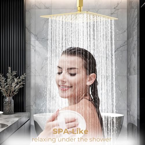 10 Inch Rain Shower Head, Square Rainfall & High Pressure, 304 Stainless Steel, 1/16" Ultra Thin, Waterfall Full Body Coverage with Silicone Nozzle, Brushed Gold - color: Golden, size: 10 Inch