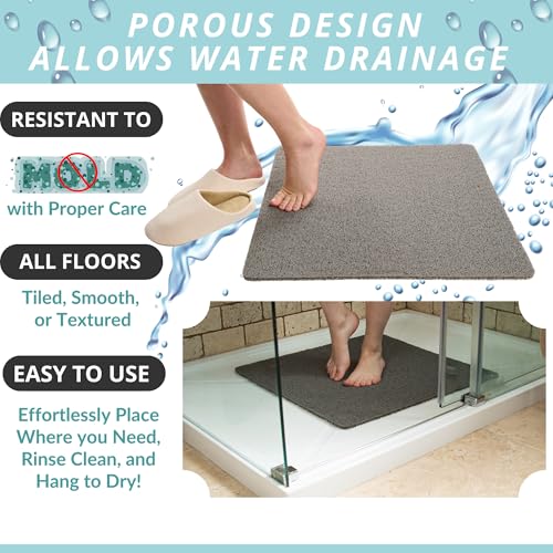 Enkosi Loofah Shower Mat Non Slip – Square Anti Slip Bath Mat for Inside Showers, Bathtub, Tub, Bathroom - Grey, Cushioned, Quick Dry PVC, with Drain Holes - Secure Grip Safety Pad (Grey 24x24) - color: Grey, size: 24" x 24" (Square)