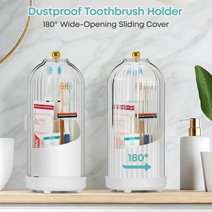 Dustproof Toothbrush Holder, Toothbrush Organizer with 360° Rotating Inner Tray and Sliding Cover, 3-Slot Draining Bathroom Toothbrush Caddy, Vanity Makeup Brush Organizer,White - color: White