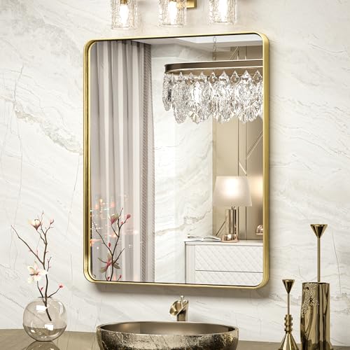 Bathroom Mirror for Wall 24 x 30 Inch Gold Brushed Brass Metal Rounded Corner Rectangle Mirror Wall Mirror in Metal Frame - color: Brushed Gold, size: 30"L x 24"W, style: Rectangle